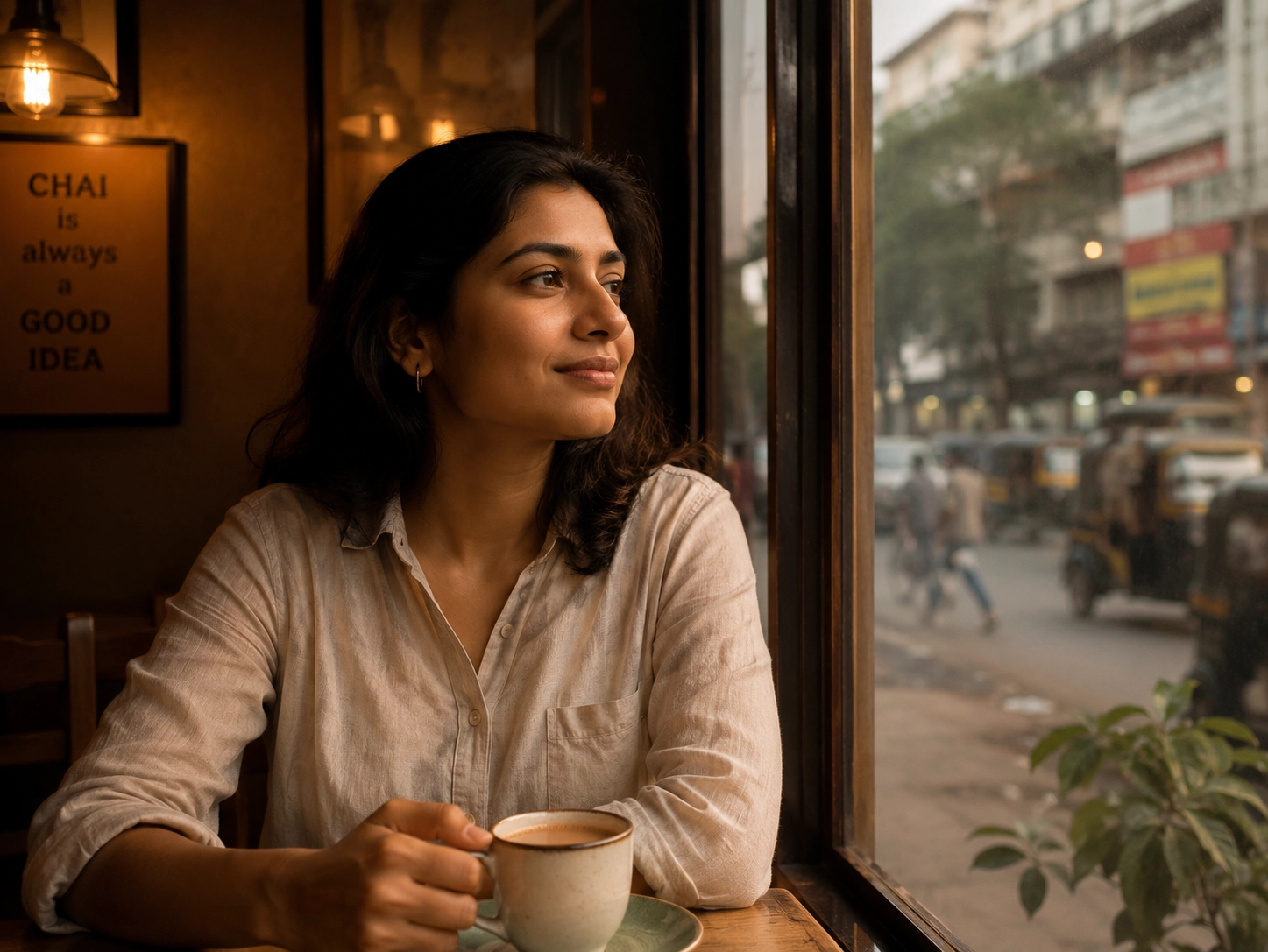 A young Indian woman sitting calmly at a café with chai, looking out at the street — representing the quiet recovery from self-improvement burnout and finding permission to slow down