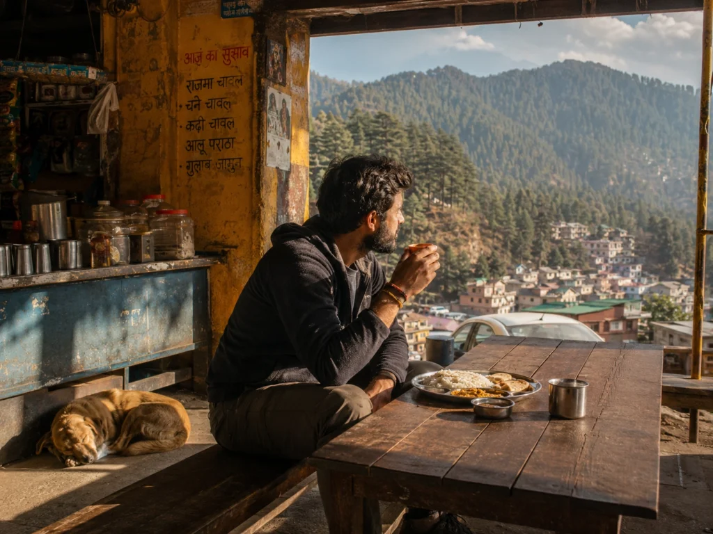 A traveller savouring local food at a mountain roadside dhaba in India — the authentic, unhurried experience that makes budget weekend micro-escapes worth every rupee