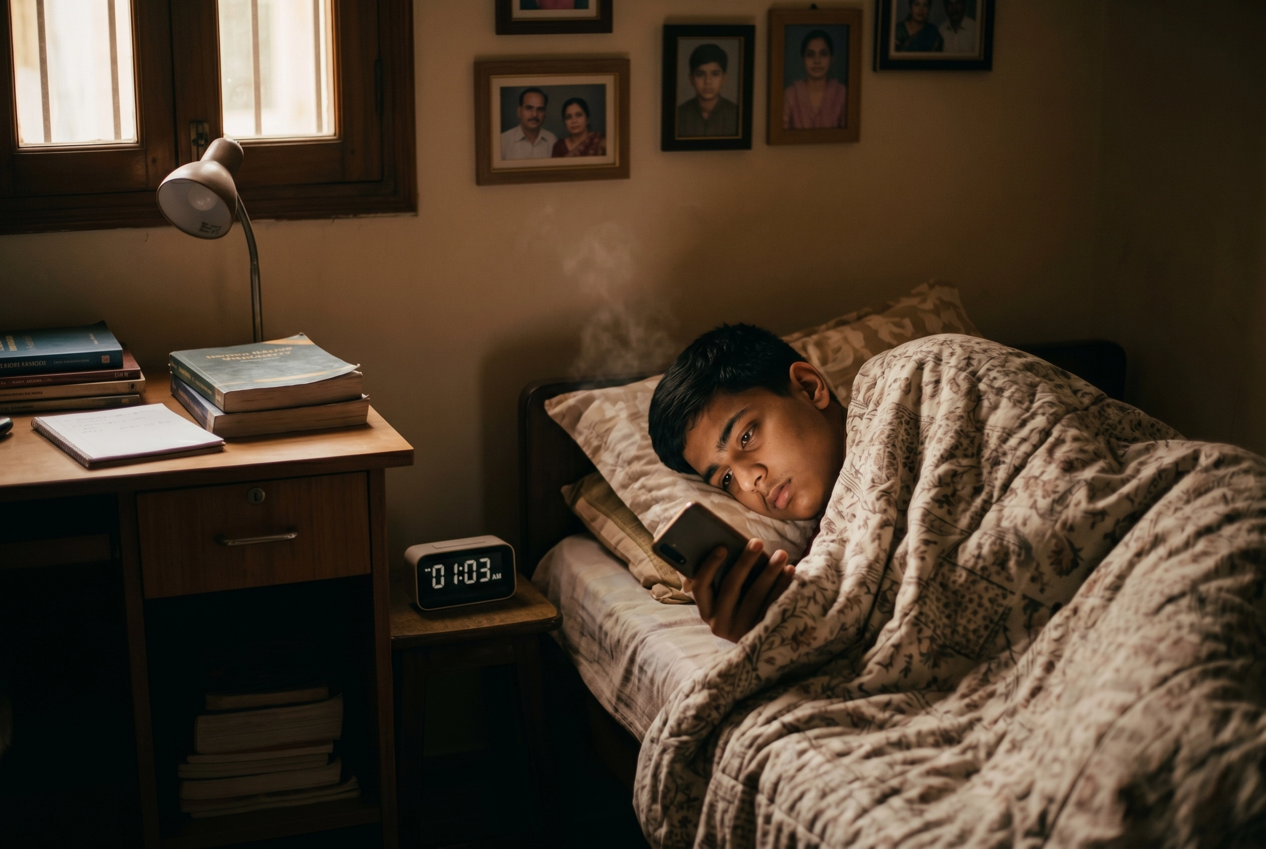 Indian teenager secretly using phone late at night showing digital addiction symptoms among Indian youth