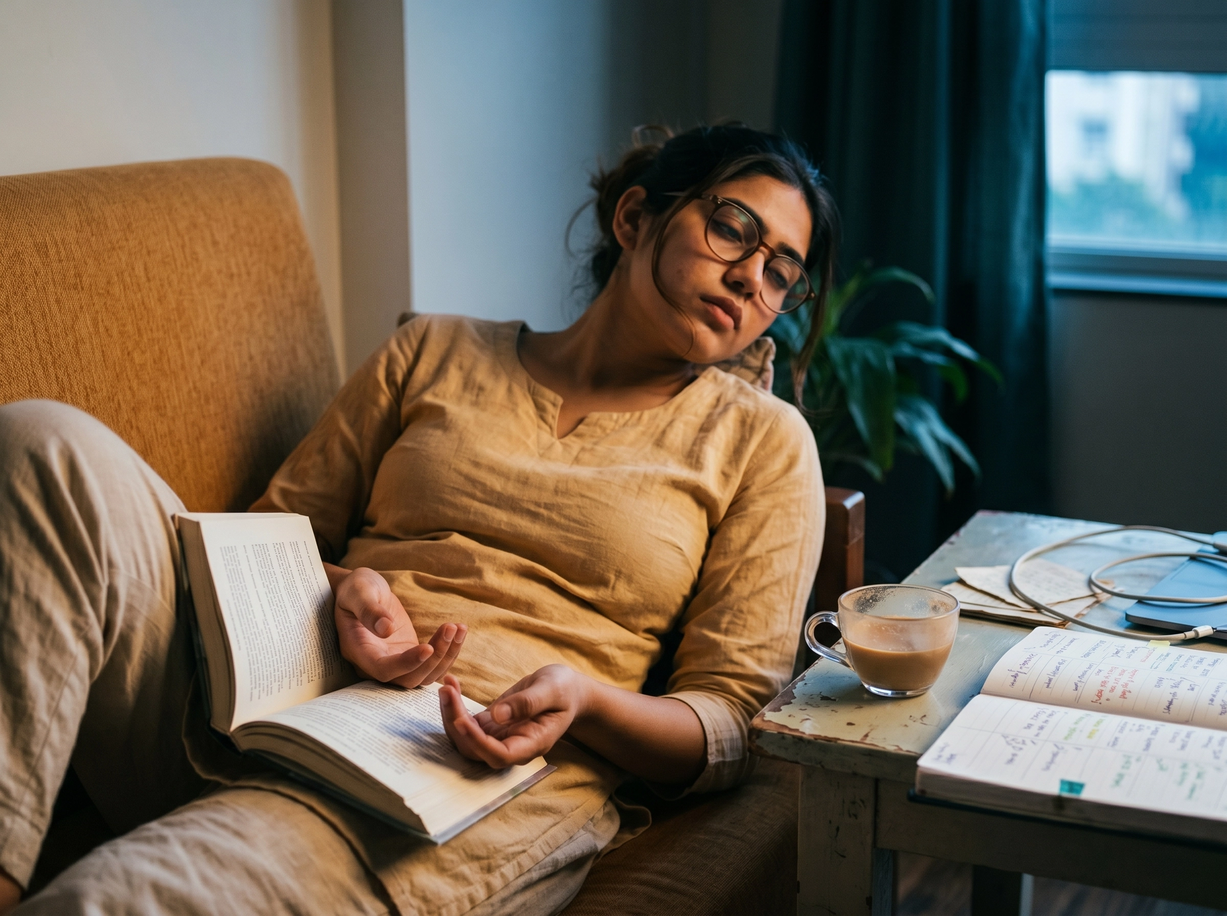 A person who has mentally checked out while holding a self-help book, with a cold cup of chai nearby — a relatable image of the mental exhaustion that comes from self-improvement burnout