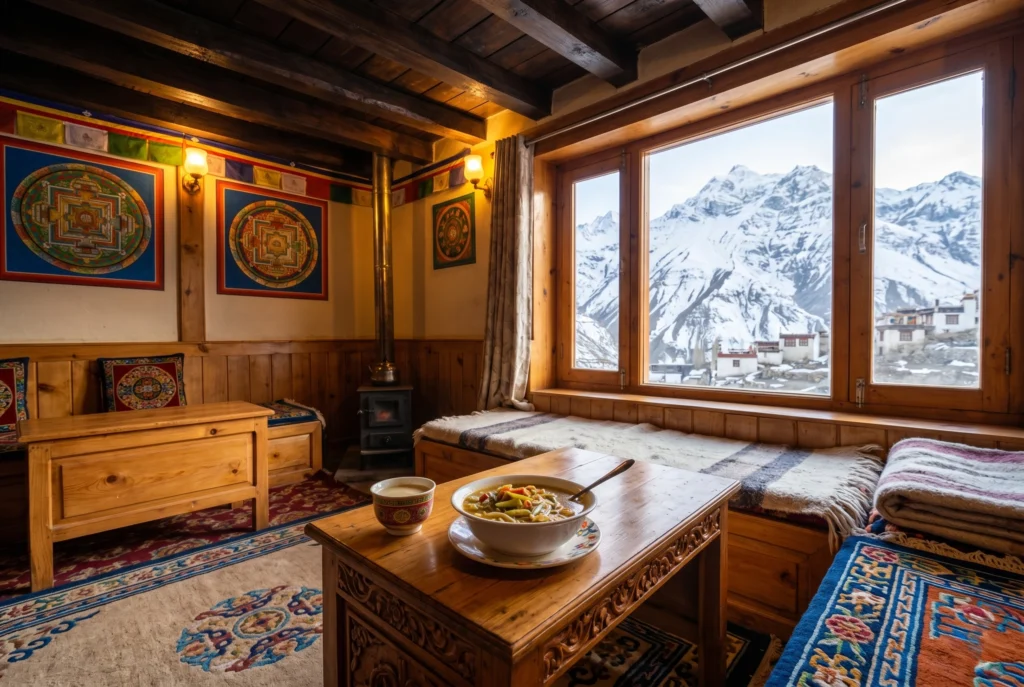 A cozy traditional homestay in Spiti Valley with local Tibetan food and mountain views outside the window