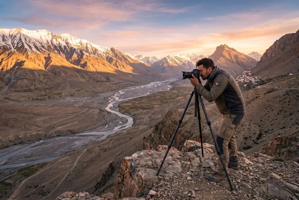 A travel photographer with tripod capturing sunrise in Spiti Valley with golden Himalayan landscape