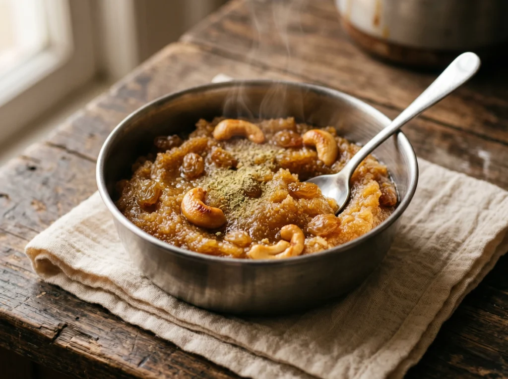 A close-up of freshly made suji halwa with cashews and cardamom in a steel bowl — one of India's most nostalgic comfort food recipes that brings back memories of sick days and festivals