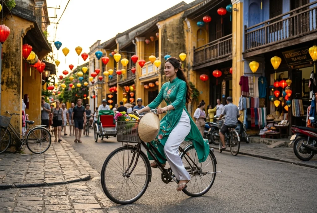 A woman in traditional Vietnamese dress cycles past colourful colonial buildings in Hoi An, representing the affordable charm of Vietnam travel