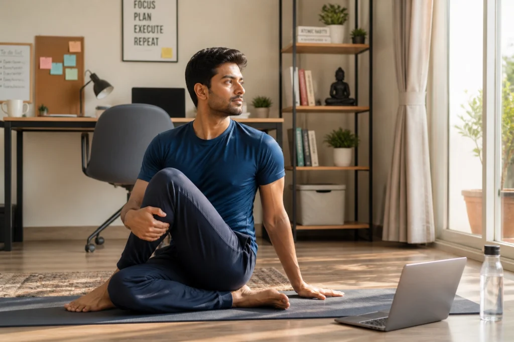 Young Indian professional practicing yoga before work for focus and energy