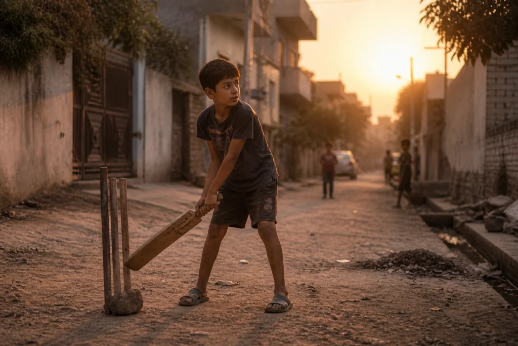 A young Indian boy practising cricket on a street at sunset inspired by IPL dreams