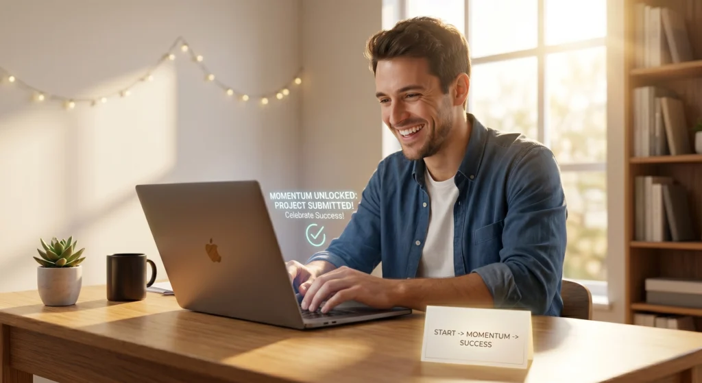 Momentum builds after starting work and stopping procrastination