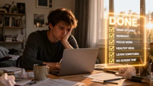 Person learning how to stop procrastinating and become productive today at desk