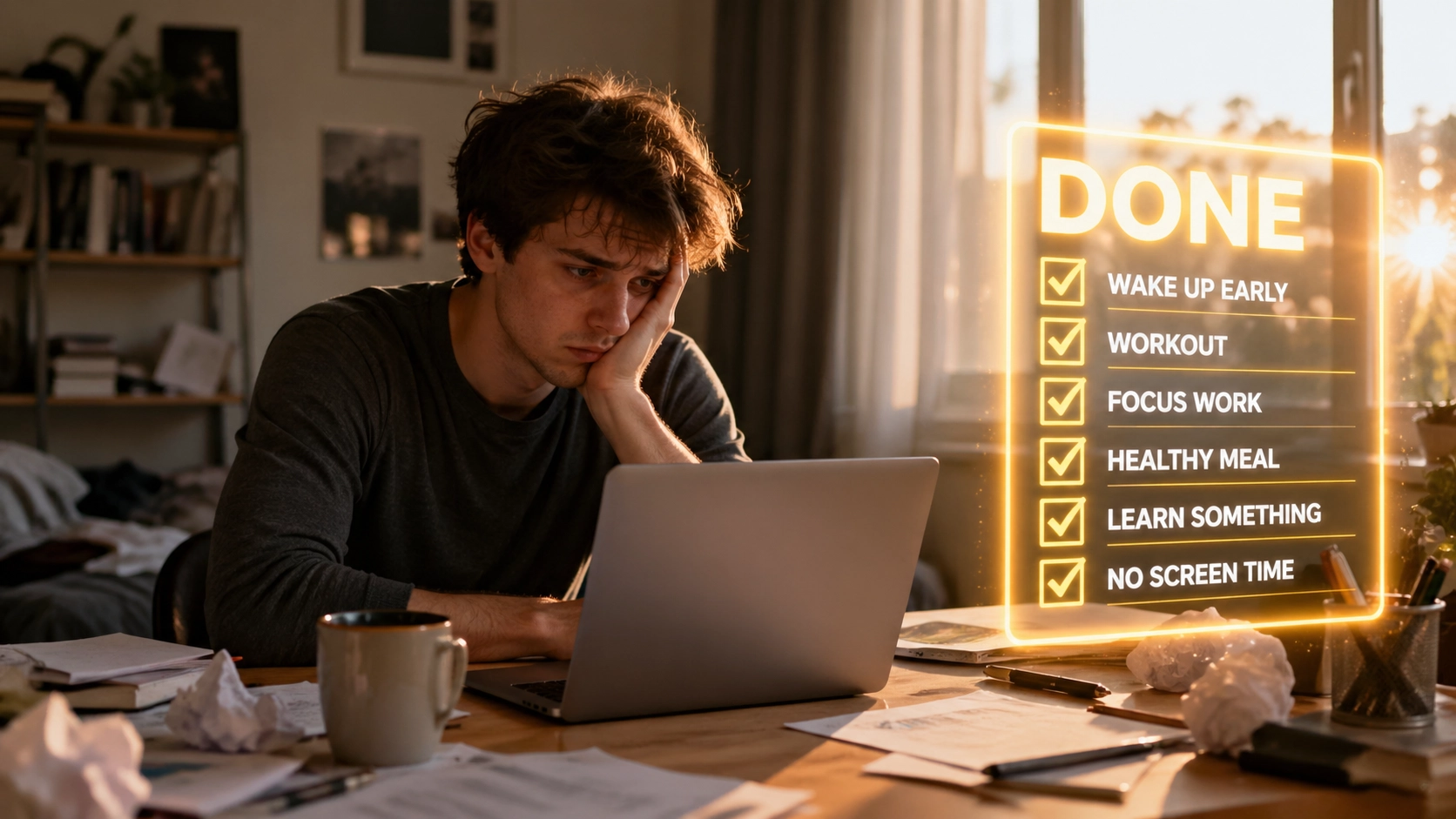 Person learning how to stop procrastinating and become productive today at desk