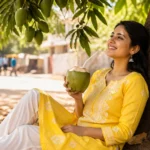 An Indian woman staying cool under a mango tree with coconut water on a hot summer day in India