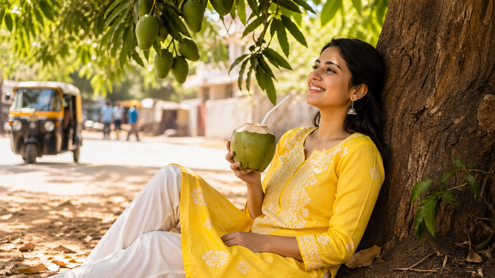 An Indian woman staying cool under a mango tree with coconut water on a hot summer day in India