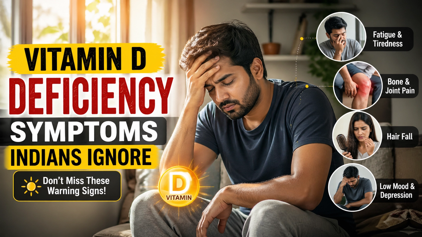 Indian adult man showing vitamin D deficiency symptoms like fatigue and weakness near sunlight window.