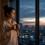 A young professional woman with morning coffee at a window at 5 AM reflecting on the early morning productivity habit