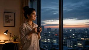 A young professional woman with morning coffee at a window at 5 AM reflecting on the early morning productivity habit