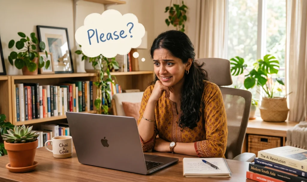 A young woman catching herself being polite to a ChatGPT chat interface, illustrating the growing AI etiquette anxiety phenomenon in 2026