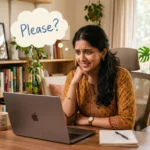 A young woman catching herself being polite to a ChatGPT chat interface, illustrating the growing AI etiquette anxiety phenomenon in 2026