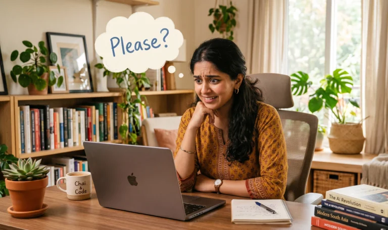 A young woman catching herself being polite to a ChatGPT chat interface, illustrating the growing AI etiquette anxiety phenomenon in 2026