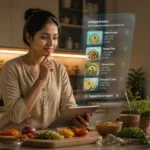 An Indian woman using an AI assistant on a tablet in her kitchen representing artificial intelligence in everyday life in 2026