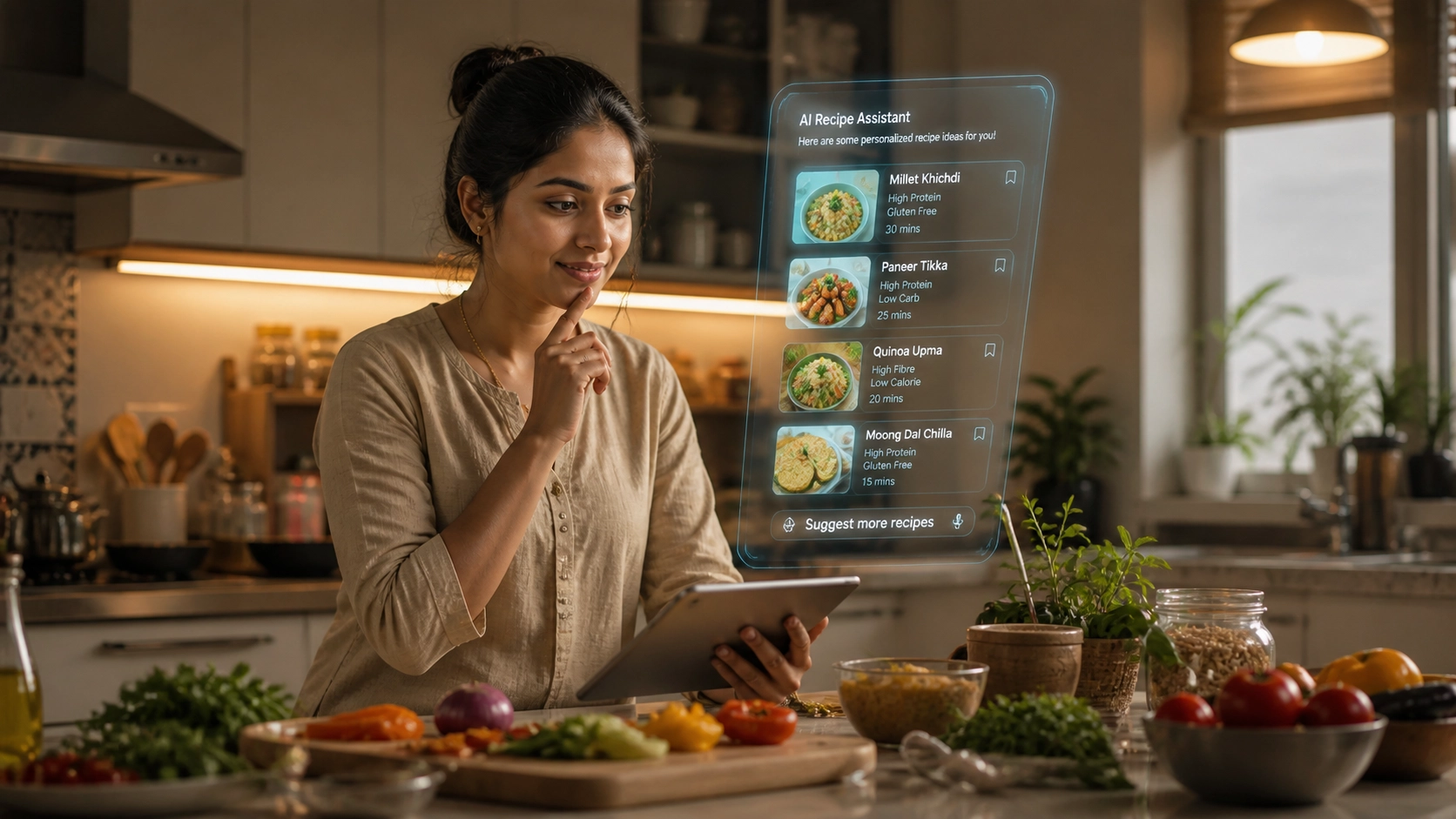 An Indian woman using an AI assistant on a tablet in her kitchen representing artificial intelligence in everyday life in 2026