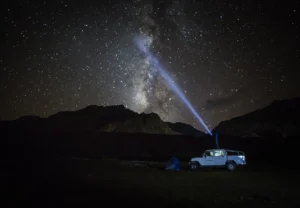 Photographer capturing Milky Way photography India over snow-capped Spiti Valley peaks at night