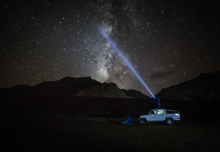Photographer capturing Milky Way photography India over snow-capped Spiti Valley peaks at night