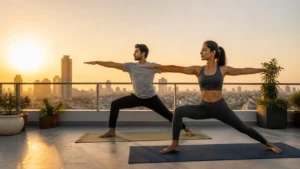 Indian couple practicing yoga at sunrise showing benefits of yoga for Indians