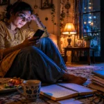 Young Indian woman showing digital addiction symptoms looking exhausted at her phone late at night in Delhi apartment