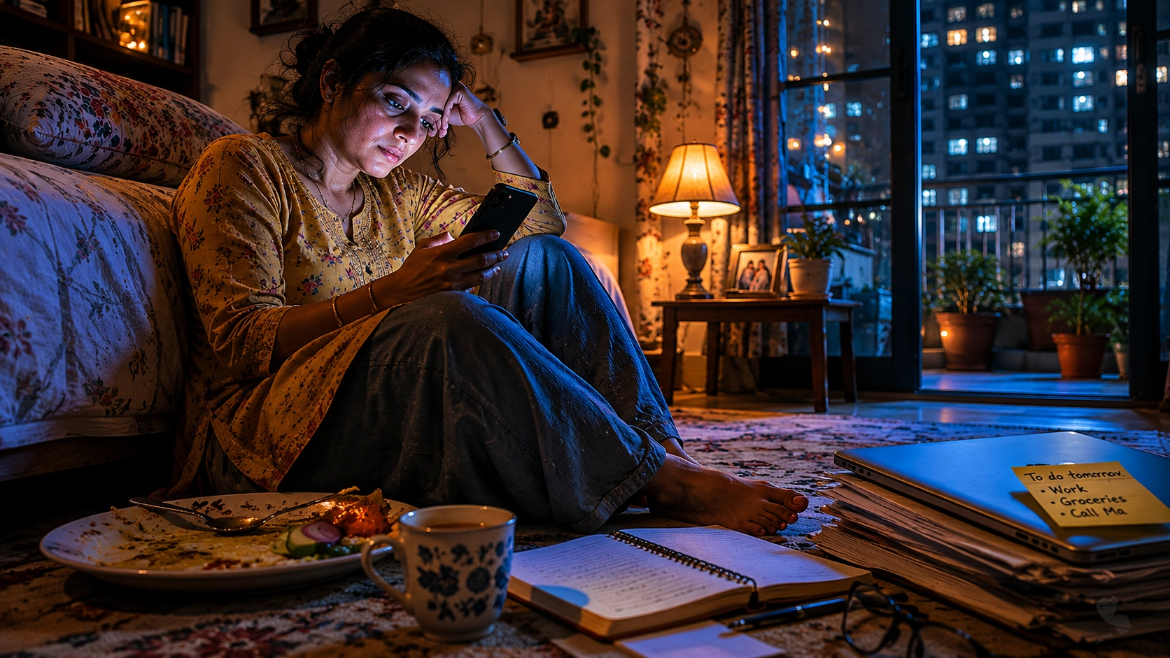 Young Indian woman showing digital addiction symptoms looking exhausted at her phone late at night in Delhi apartment