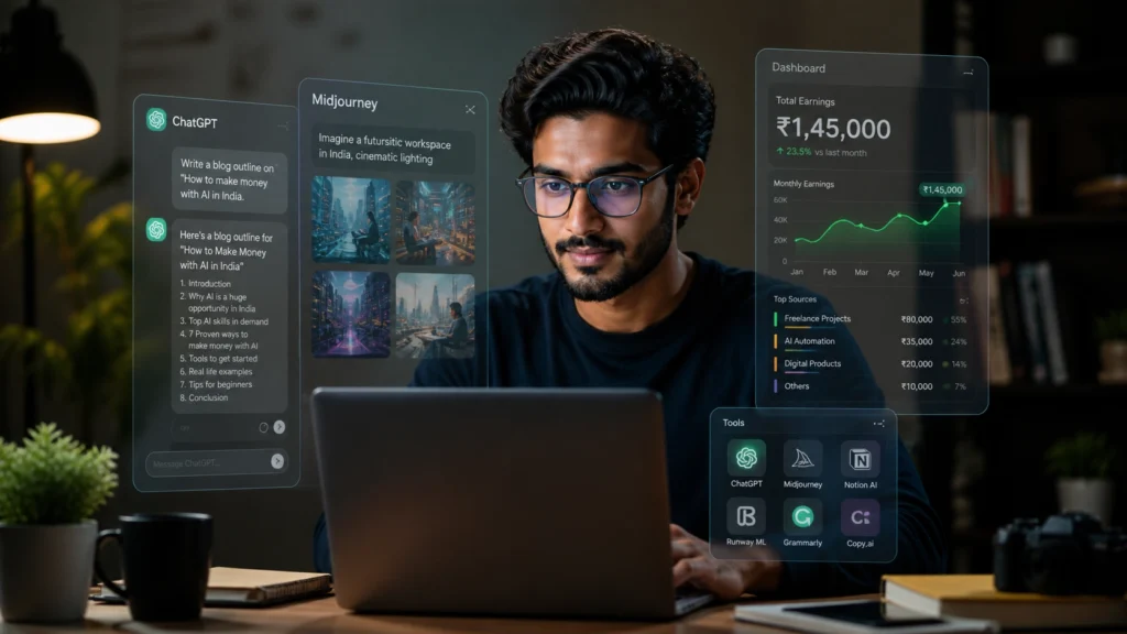 Indian freelancer earning money using AI tools on laptop in modern workspace