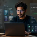 Indian freelancer earning money using AI tools on laptop in modern workspace