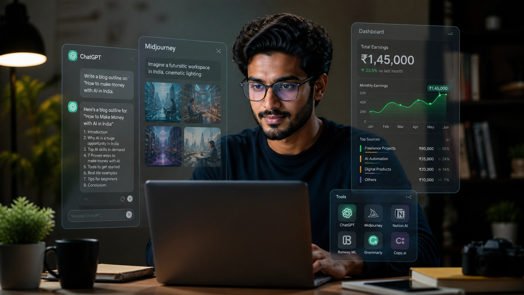 Indian freelancer earning money using AI tools on laptop in modern workspace