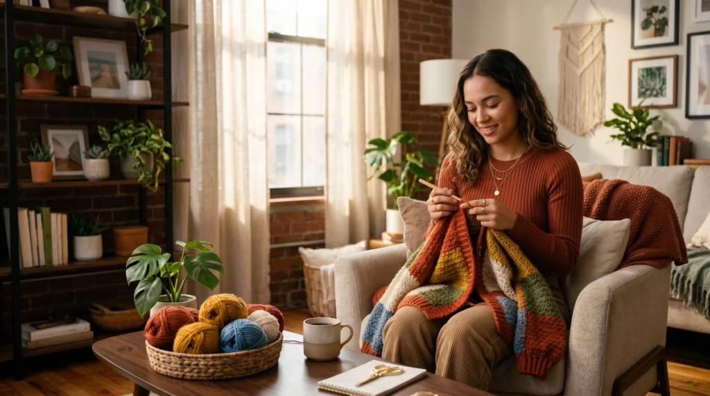 Gen Z creator enjoying the modern crochet lifestyle trend with colorful handmade fashion