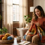 Gen Z creator enjoying the modern crochet lifestyle trend with colorful handmade fashion
