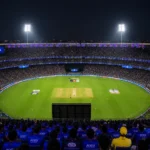 An aerial view of a packed IPL 2026 cricket stadium at night with colorful fans and dramatic stadium lights