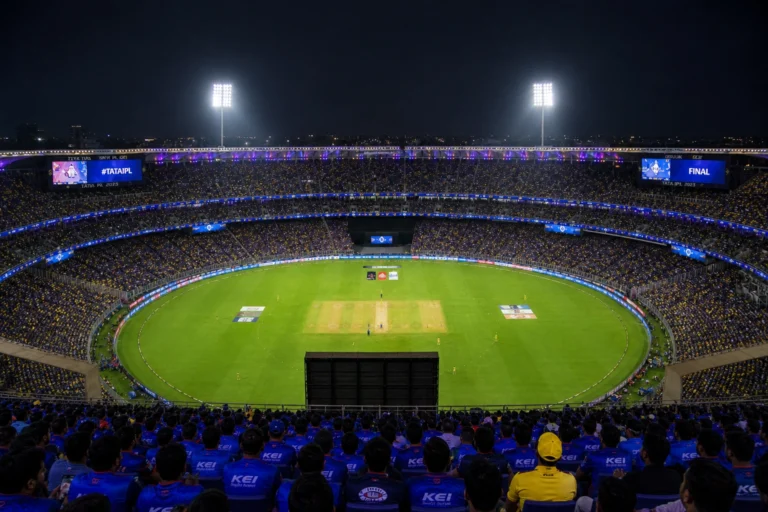 An aerial view of a packed IPL 2026 cricket stadium at night with colorful fans and dramatic stadium lights