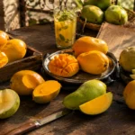Different Indian mango varieties arranged together during mango season in India including Alphonso, Langra, Dussehra, Safeda and Kesar.