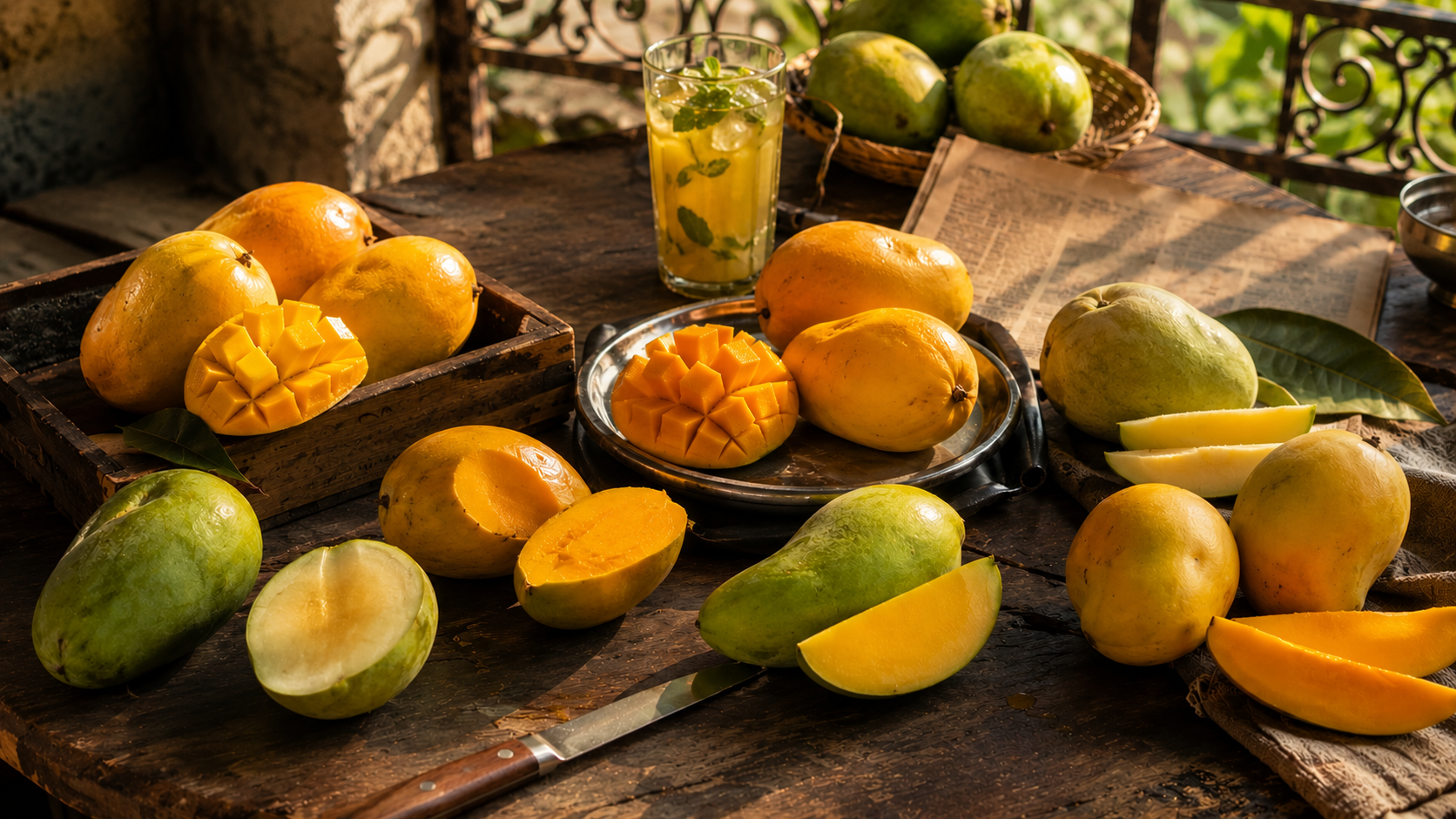 Different Indian mango varieties arranged together during mango season in India including Alphonso, Langra, Dussehra, Safeda and Kesar.