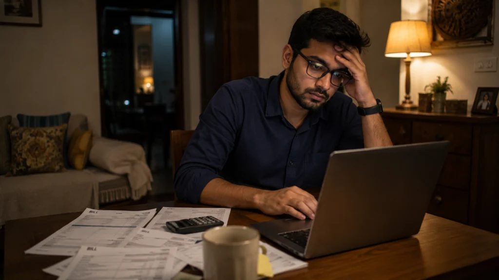 Urban Indian professional at night surrounded by bills showing middle class India savings struggle