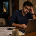 Urban Indian professional at night surrounded by bills showing middle class India savings struggle