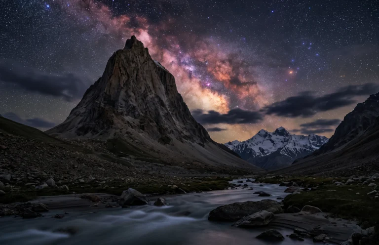 Milky Way core arching over Mountain Gumbo Ronjon, Zanskar Valley, Ladakh, one of India's best dark sky locations for astrophotography