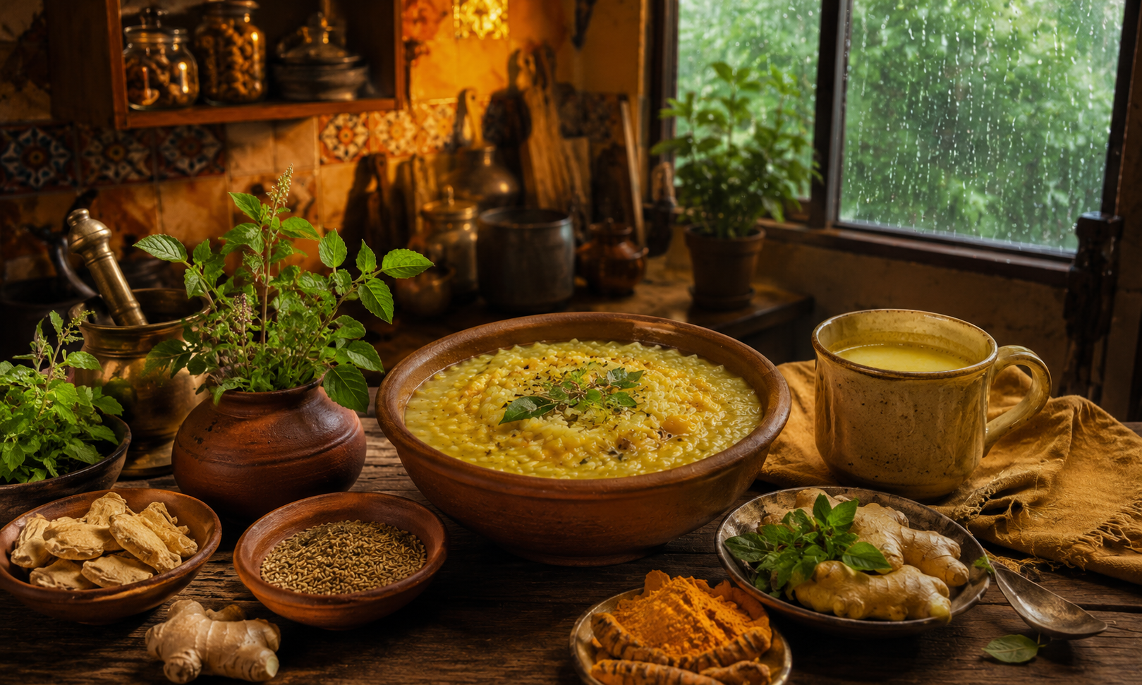 Ayurvedic monsoon foods for gut health India — turmeric, ginger, tulsi, khichdi