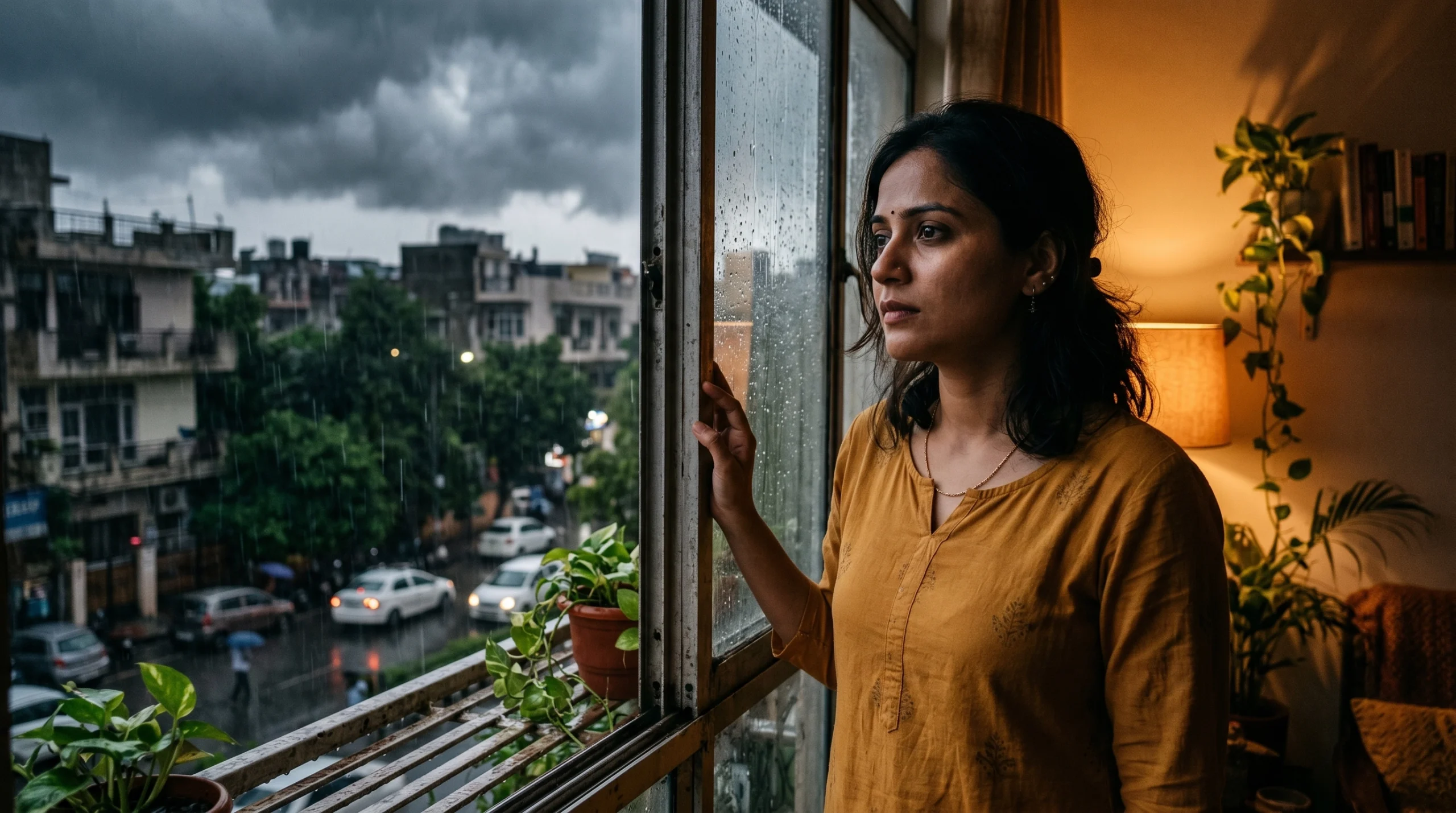 Indian woman watching first monsoon rain through window — monsoon health India immunity guide