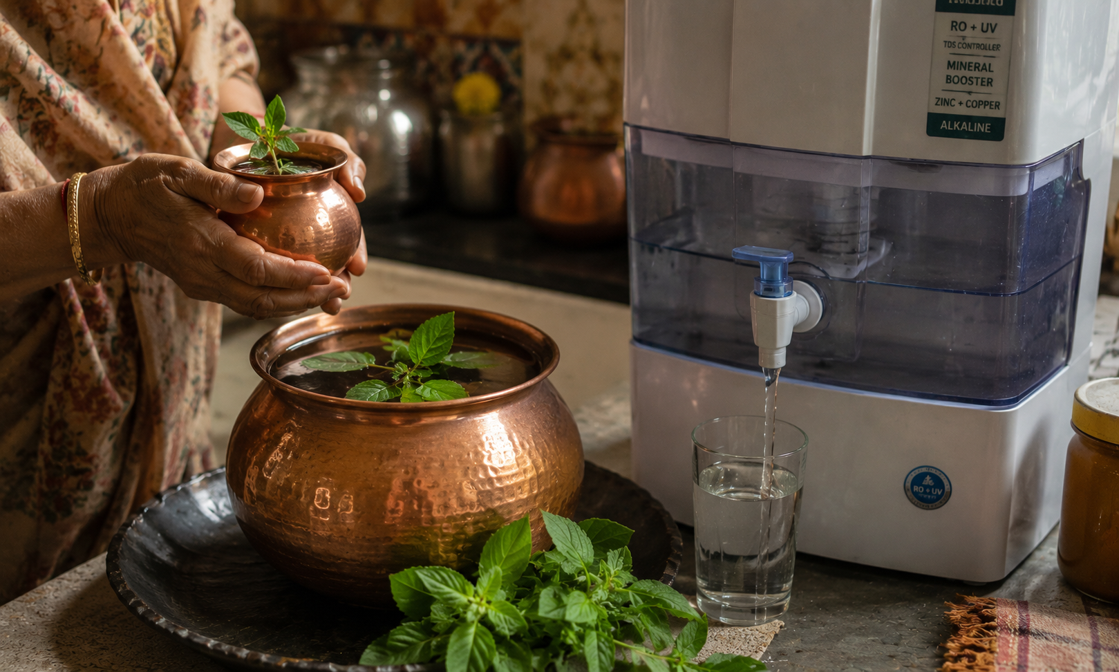 Safe water practices during Indian monsoon — traditional copper vessel and modern filter