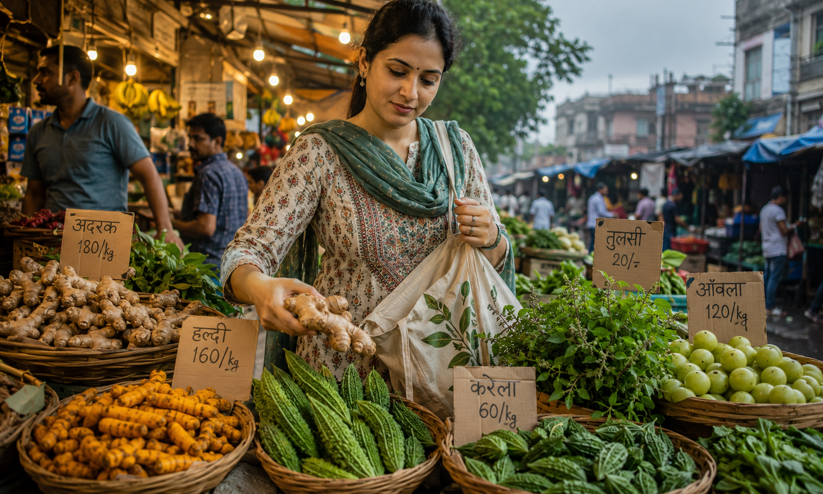 Indian woman preparing for monsoon season by buying Ayurvedic immunity foods — monsoon health India