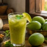 Traditional raw mango recipes starting with a chilled glass of aam panna in an Indian summer kitchen