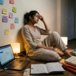 A young Indian woman sitting exhausted on the floor surrounded by self-help books and a productivity planner, capturing the reality of self-improvement burnout driven by India's hustle culture