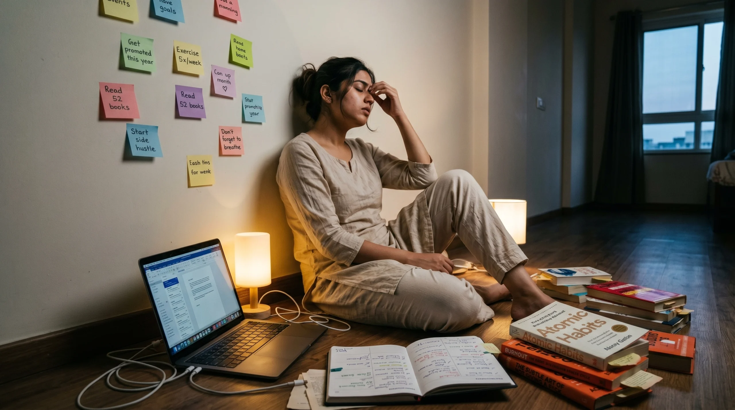 A young Indian woman sitting exhausted on the floor surrounded by self-help books and a productivity planner, capturing the reality of self-improvement burnout driven by India's hustle culture