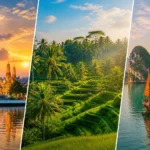 A triptych of Southeast Asia's most iconic destinations — Bangkok, Bali, and Ha Long Bay — representing the top budget travel choices for Indian travellers in 2026