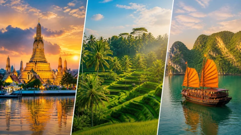 Southeast Asia budget travel from India: 10 Amazing Tips for 2026 A triptych of Southeast Asia's most iconic destinations — Bangkok, Bali, and Ha Long Bay — representing the top budget travel choices for Indian travellers in 2026