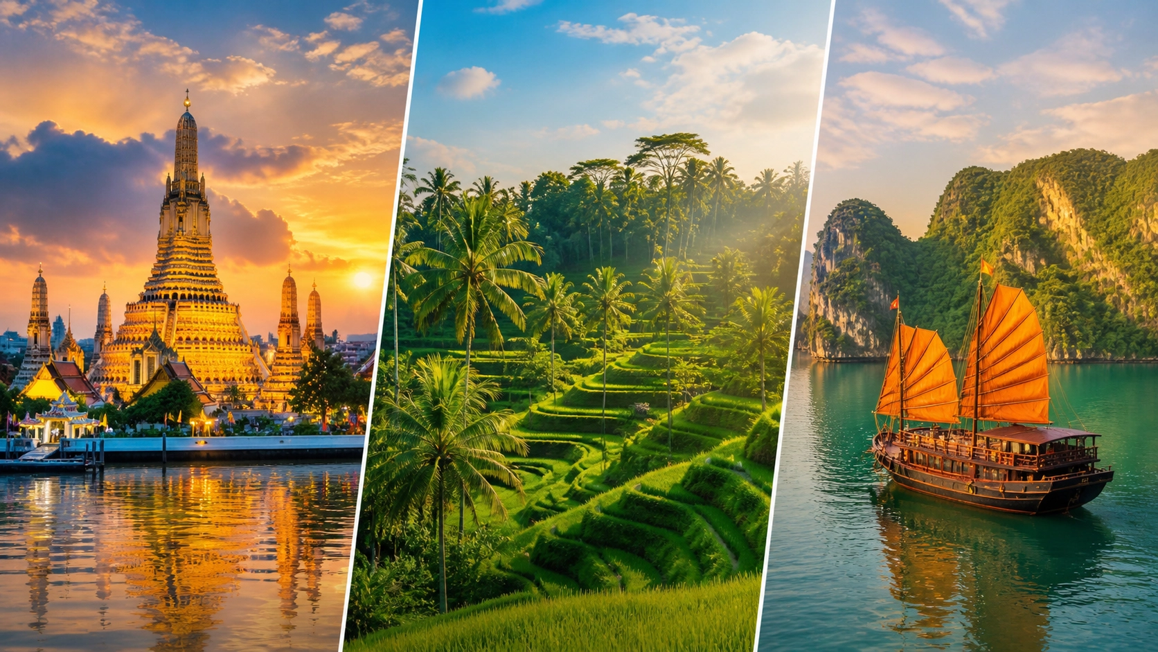 A triptych of Southeast Asia's most iconic destinations — Bangkok, Bali, and Ha Long Bay — representing the top budget travel choices for Indian travellers in 2026